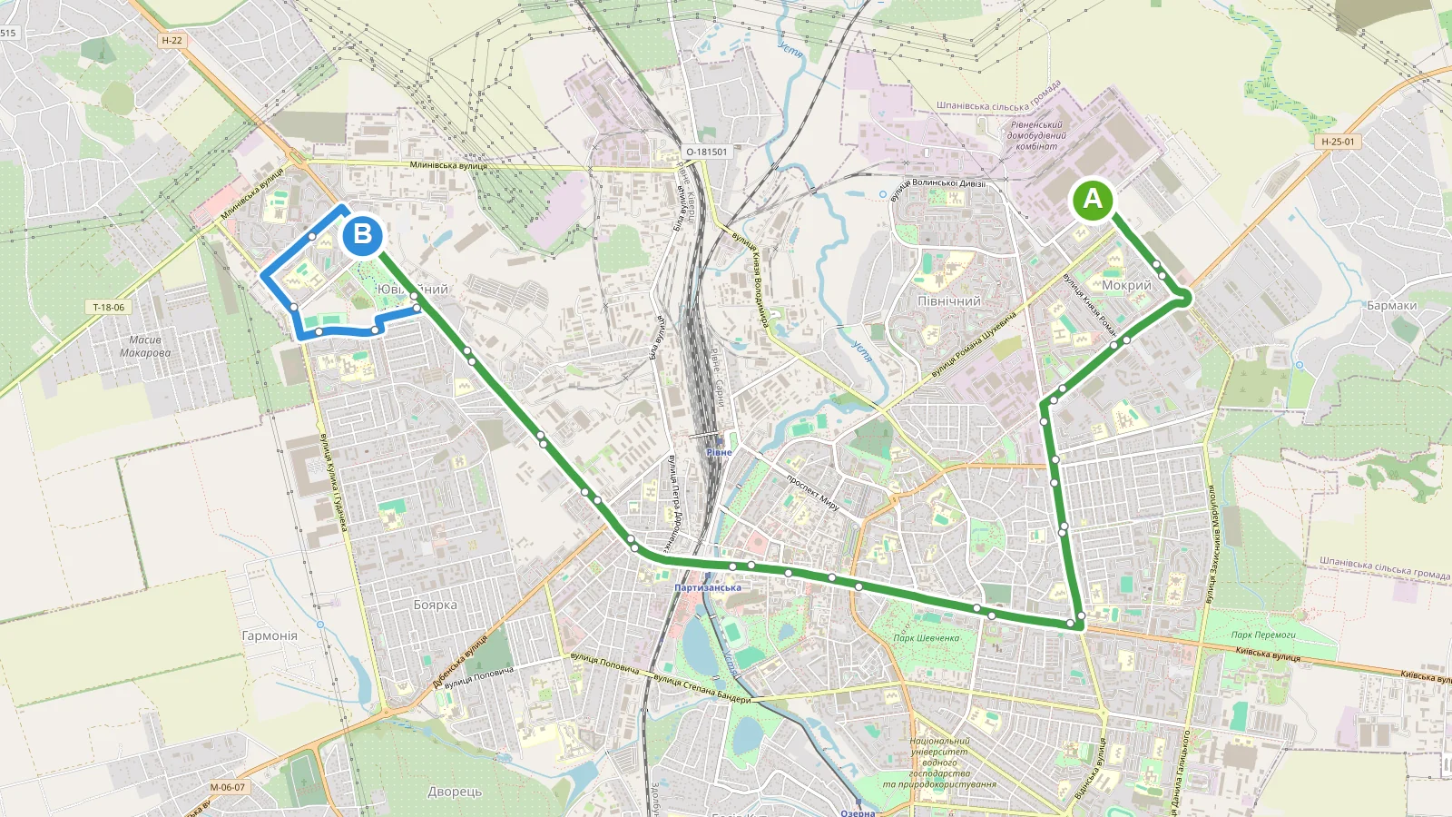 Схема маршруту Автобус 1 Рівне